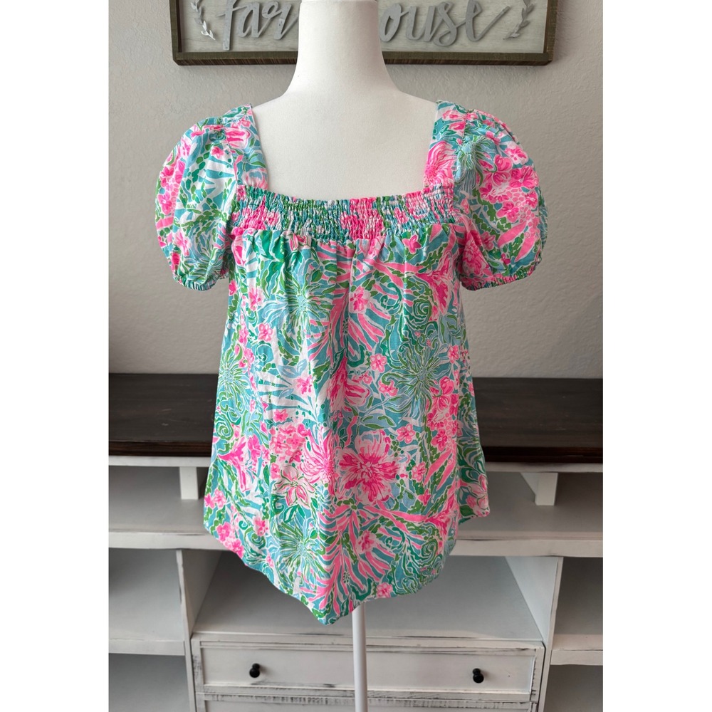 NWT Lilly Pulitzer Keating Top Blouse Amalfi Blue Leaf It Wild Size 8 100% Linen